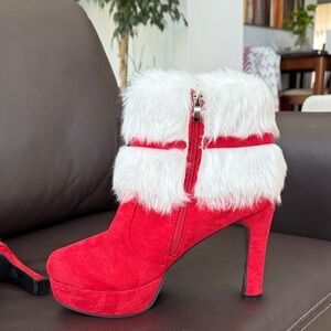 Red and White Faux Fur Ankle Boots